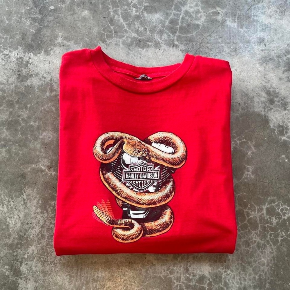 VTG Harley-Davidson Shirt Mens Large Red Snake Bar & Shield Motorcycle